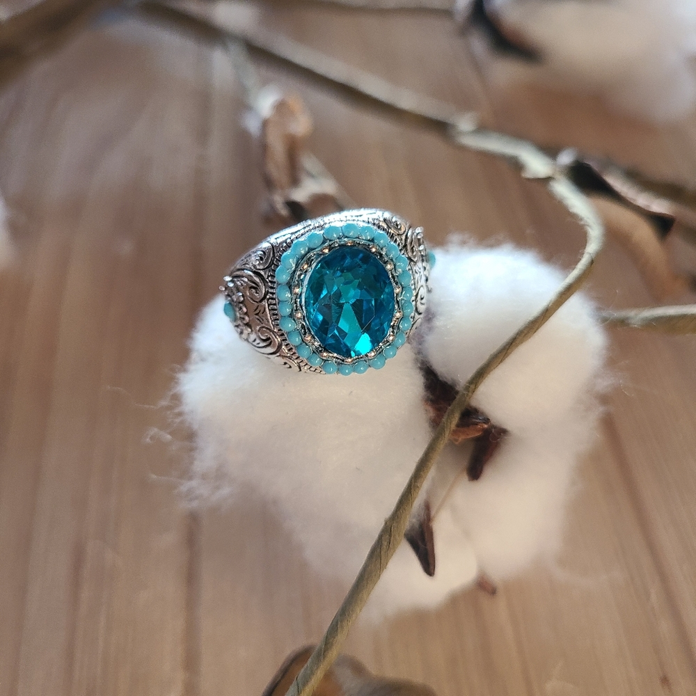 Gorgeous Bohemian Turquoise beaded ring in Silver Plating - Picture 5 of 7
